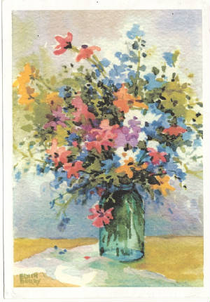 A watercolor painting of a bright, loose bouquet of flowers in a green vase, signed 'Edith Berry' — a postcard by WC4 member Edith Berry.