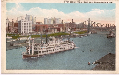 Vintage postcard: Pittsburgh river scene from Point Bridge · classic white-border card