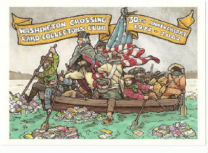 WC4 30th anniversary postcard, 1972 – 2002, illustrated by Rick Geary with Washington crossing the Delaware surrounded by floating postcards.