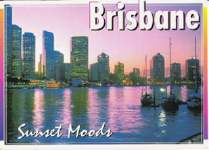 A vintage postcard view of Brisbane, Australia at sunset — illustration for the Queensland sister club.